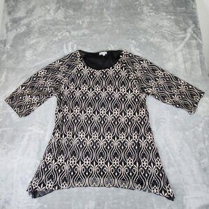 Kate Park Lace Top XL Black White Asymmetrical 3/4 Sleeve Overlay Modest Romanti